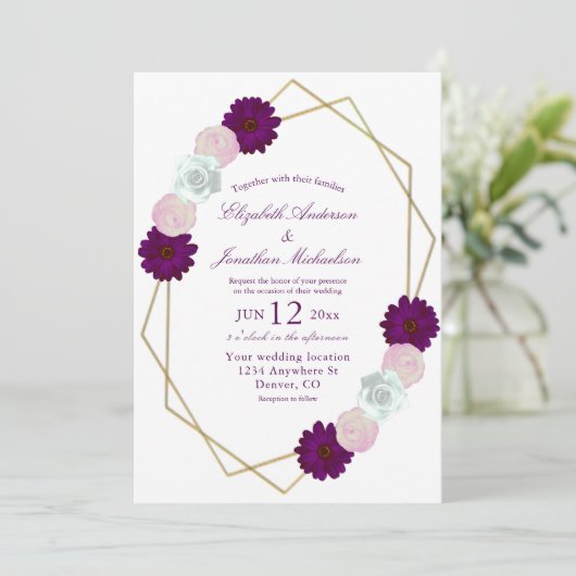 Paarse witte Floral Geometric Wedding Kaart (Staand voorkant)