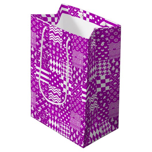 Paarse Witte Gemengde Patchwork Ontwerp Medium Cadeauzakje (Voorkant Gekanteld)