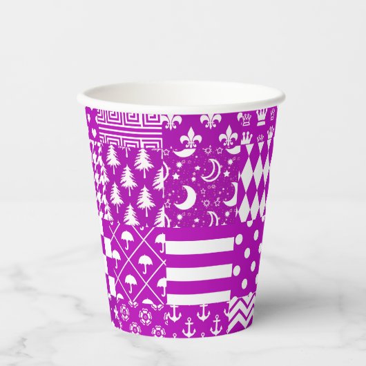 Paarse Witte Gemengde Patchwork Ontwerp Papieren Bekers (Voorkant)