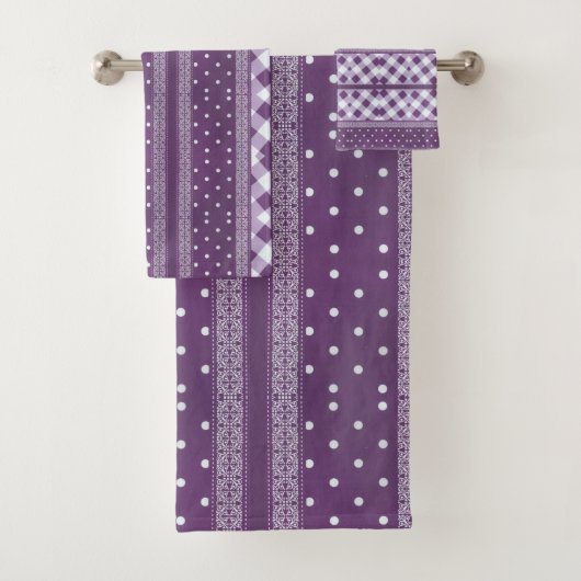 Paarse Witte Geruite Polka Dot Floral Damask Art Bad Handdoek (Insitu)
