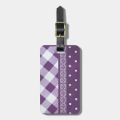 Paarse Witte Geruite Polka Dot Floral Damask Art Bagagelabel (Voorkant verticaal)