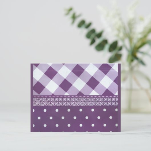 Paarse Witte Geruite Polka Dot Floral Damask Art Briefkaart (Staand voorkant)