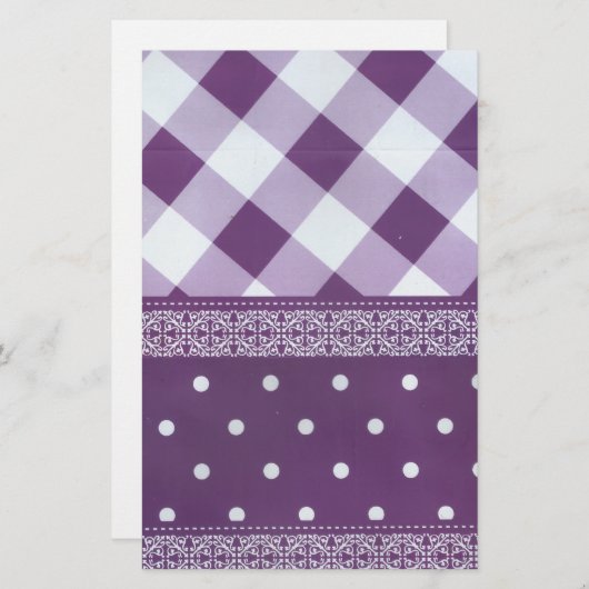 Paarse Witte Geruite Polka Dot Floral Damask Art Briefpapier (Voorkant / Achterkant)