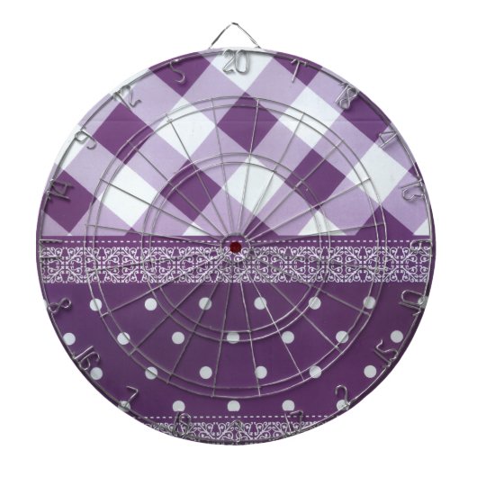 Paarse Witte Geruite Polka Dot Floral Damask Art Dartbord (Voorkant)