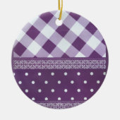 Paarse Witte Geruite Polka Dot Floral Damask Art Keramisch Ornament (Voorkant)