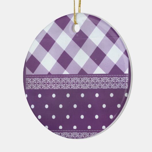 Paarse Witte Geruite Polka Dot Floral Damask Art Keramisch Ornament (Links)