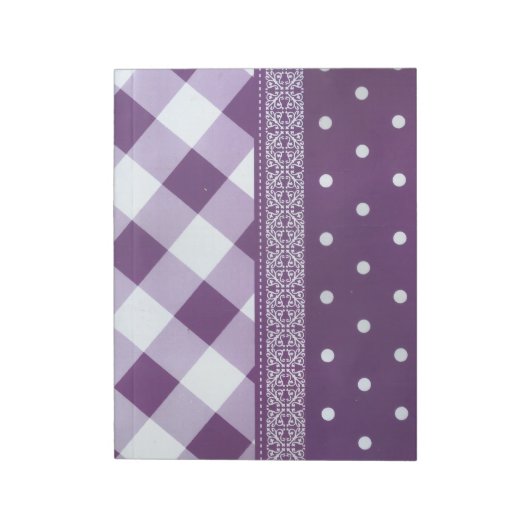 Paarse Witte Geruite Polka Dot Floral Damask Art Notitieblok (Linkerzijde)