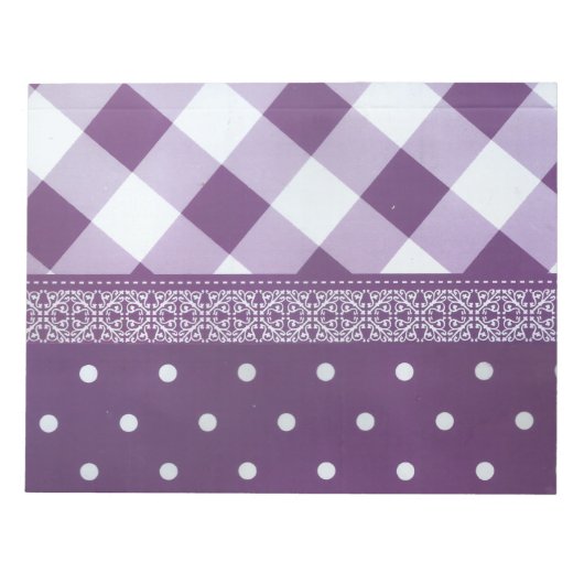 Paarse Witte Geruite Polka Dot Floral Damask Art Notitieblok (Voorkant)