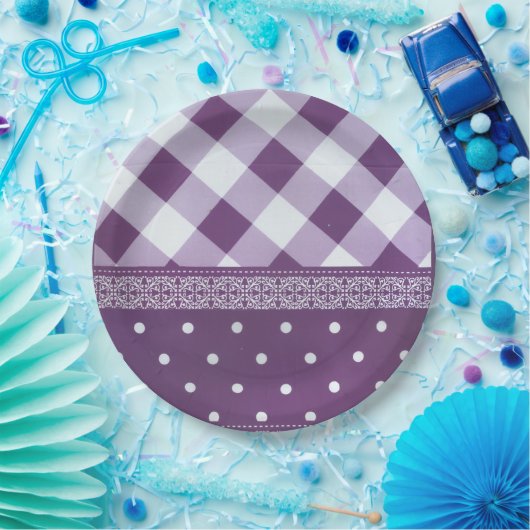 Paarse Witte Geruite Polka Dot Floral Damask Art Papieren Bordje (Feest)