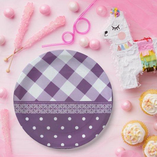 Paarse Witte Geruite Polka Dot Floral Damask Art Papieren Bordje (Feest)