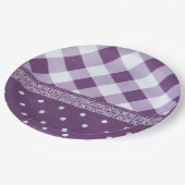 Paarse Witte Geruite Polka Dot Floral Damask Art Papieren Bordje (Gekanteld)