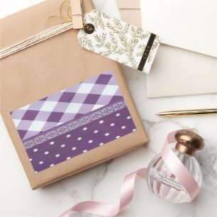 Paarse Witte Geruite Polka Dot Floral Damask Art Rechthoekige Sticker