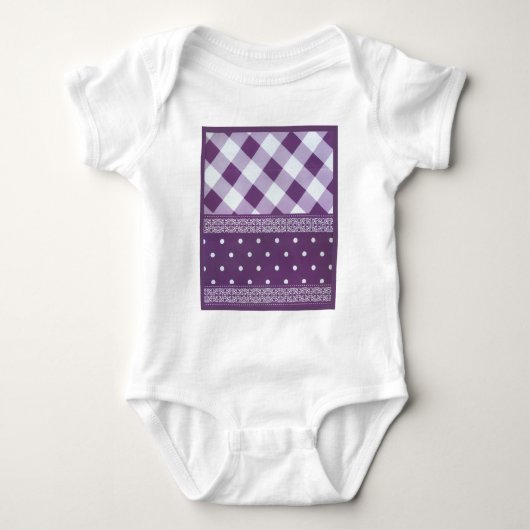 Paarse Witte Geruite Polka Dot Floral Damask Art Romper (Voorkant)