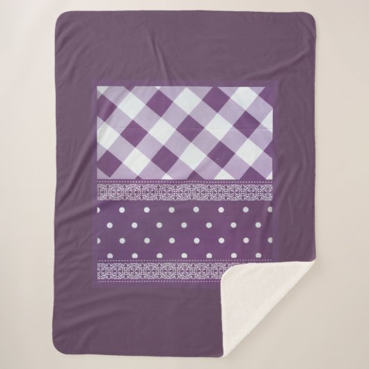 Paarse Witte Geruite Polka Dot Floral Damask Art Sherpa Deken (Voorkant)