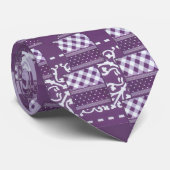 Paarse Witte Geruite Polka Dot Floral Damask Art Stropdas (Opgerold)