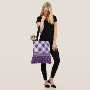 Paarse Witte Geruite Polka Dot Floral Damask Art Tote Bag