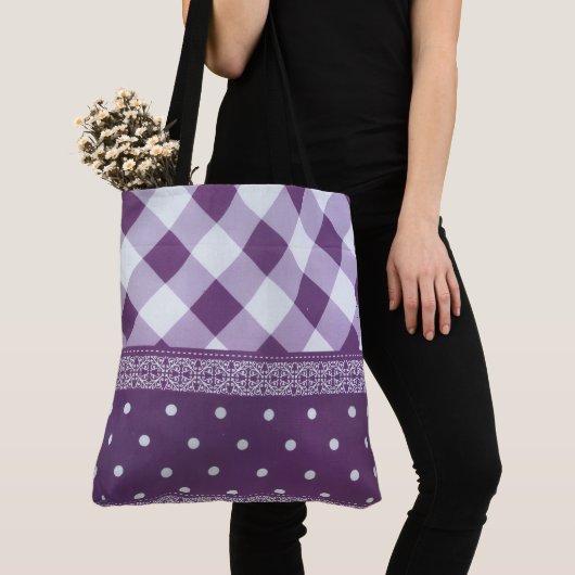 Paarse Witte Geruite Polka Dot Floral Damask Art Tote Bag (Dichtbij)