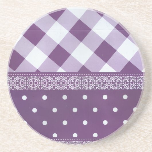 Paarse Witte Geruite Polka Dot Floral Damask Art Zandsteen Onderzetter (Voorkant)