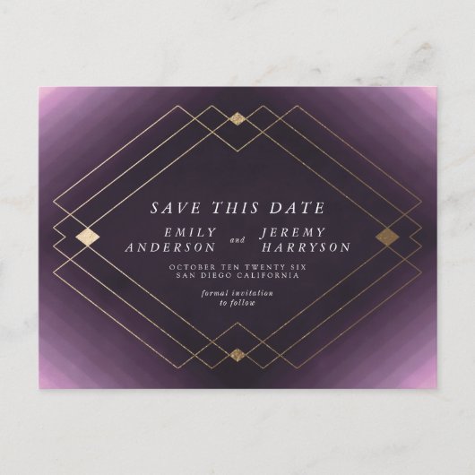 Paarse witte gouden deco lijnen opslaan van de dat briefkaart (Voorkant)