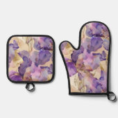 Paarse Witte Gouden Iris Bloem Abstract Ovenwant & Pannenlap Set (Voorkant)