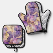 Paarse Witte Gouden Iris Bloem Abstract Ovenwant & Pannenlap Set (Voorkant / Achterkant)