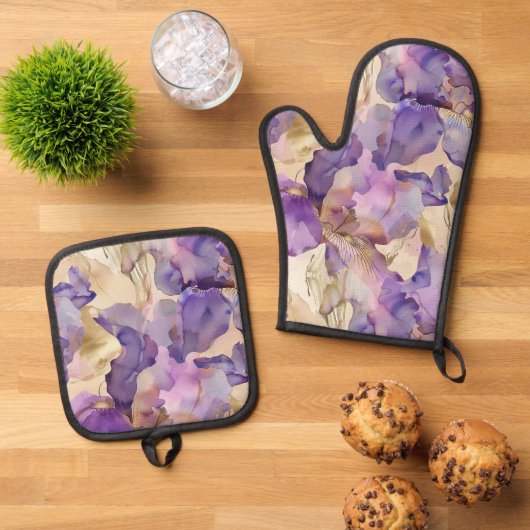 Paarse Witte Gouden Iris Bloem Abstract Ovenwant & Pannenlap Set (Top down)