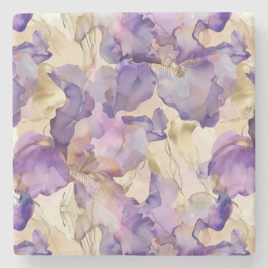 Paarse Witte Gouden Iris Bloem Abstract Stenen Onderzetter (Voorkant)