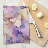 Paarse Witte Gouden Iris Bloem Abstract Theedoek (Quarter Fold)