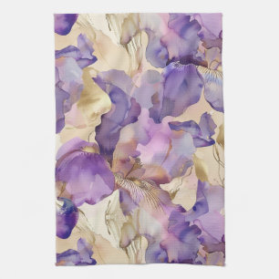 Paarse Witte Gouden Iris Bloem Abstract Theedoek