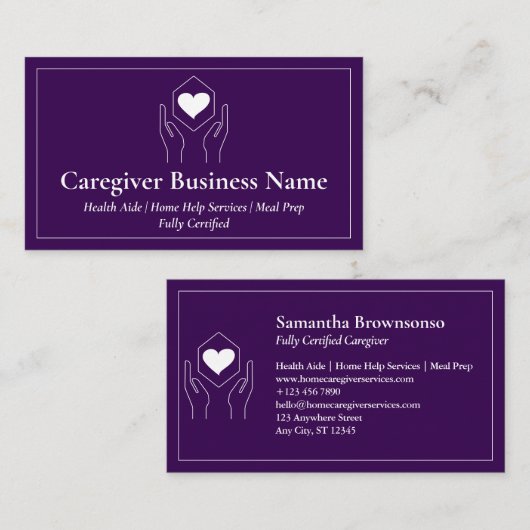 Paarse Witte Hand Hart Minimale Verzorger Visitekaartje (Voorkant / Achterkant)