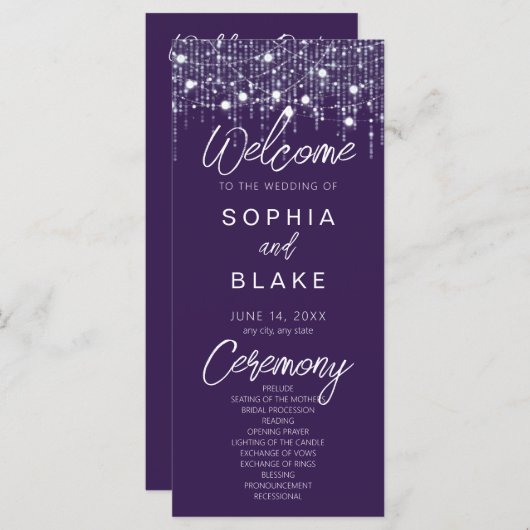 Paarse & Witte Hangende Lichten Huwelijksprogramma (Voorkant / Achterkant)