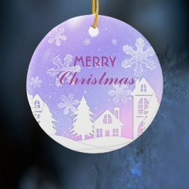 Paarse Witte Huis Sneeuwvlokken Kerstmis Nieuwjaar Keramisch Ornament