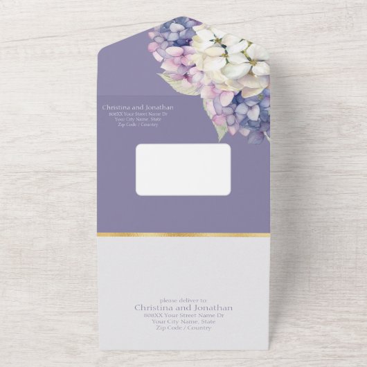 Paarse & Witte Hydrangea Bloemen op Lavendel All In One Uitnodiging (Buitenkant)