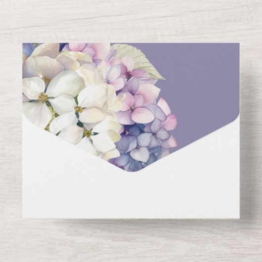 Paarse & Witte Hydrangea Bloemen op Lavendel All In One Uitnodiging (Achterkant)