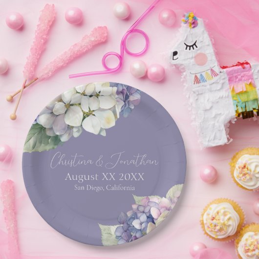 Paarse & Witte Hydrangea Bloemen op Lavendel Papieren Bordje (Feest)