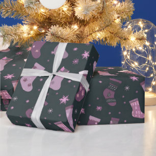 Paarse & Witte Kerstkousen Zwart Kerstmis Cadeaupapier