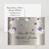 Paarse witte madeliefjes wervelen op zilver Save T Aankondigingskaart (Voorkant / Achterkant)