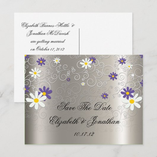 Paarse witte madeliefjes wervelen op zilver Save T Aankondigingskaart (Voorkant / Achterkant)