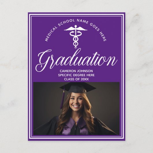 Paarse witte medische school foto afstudeerfeest briefkaart (Voorkant)