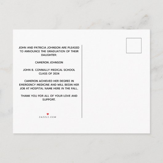 Paarse witte medische school foto Afstuderen Aankondigingskaart (Achterkant)