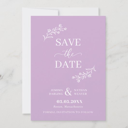 Paarse witte met de hand gemaakte Floral Twigs Save The Date (Voorkant)