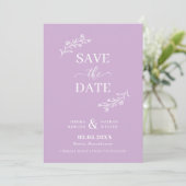 Paarse witte met de hand gemaakte Floral Twigs Save The Date (Staand voorkant)