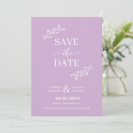 Paarse witte met de hand gemaakte Floral Twigs Save The Date (Staand voorkant)