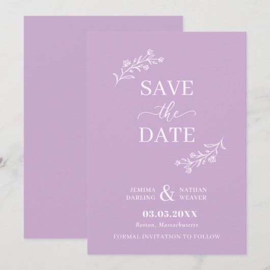 Paarse witte met de hand gemaakte Floral Twigs Save The Date (Voorkant / Achterkant)
