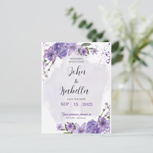 Paarse Witte Monochromatische Save the Date Uitnod Briefkaart (Staand voorkant)