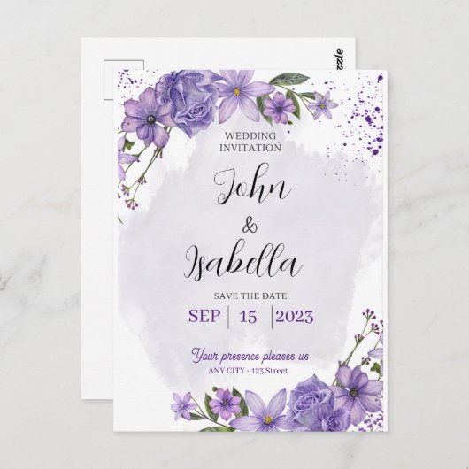 Paarse Witte Monochromatische Save the Date Uitnod Briefkaart (Voorkant / Achterkant)