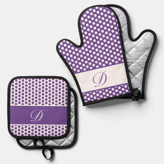 Paarse & Witte Monogrammed Polka-Dot Ovenwant & Pannenlap Set (Voorkant / Achterkant)