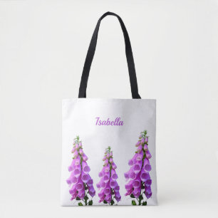 Paarse witte natuurbloemen roze monogram tote bag
