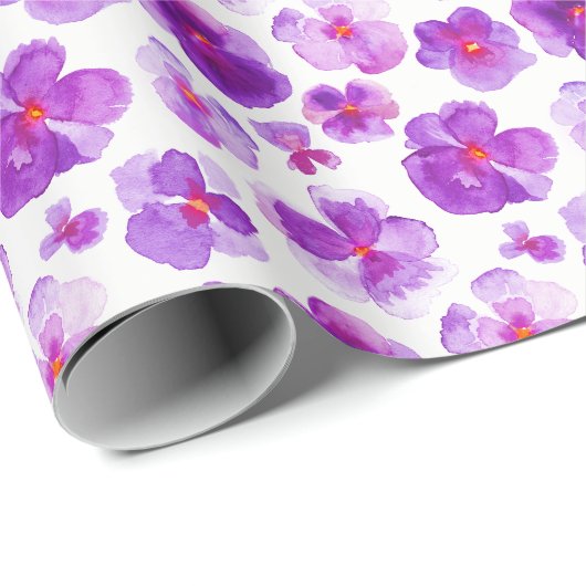 Paarse witte pansies floral waterverf art wrap cadeaupapier (Rol Hoek)