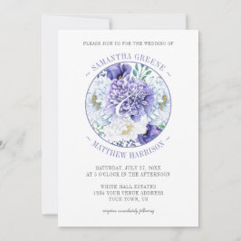 Paarse witte pioenen papavers typografie bruiloft kaart